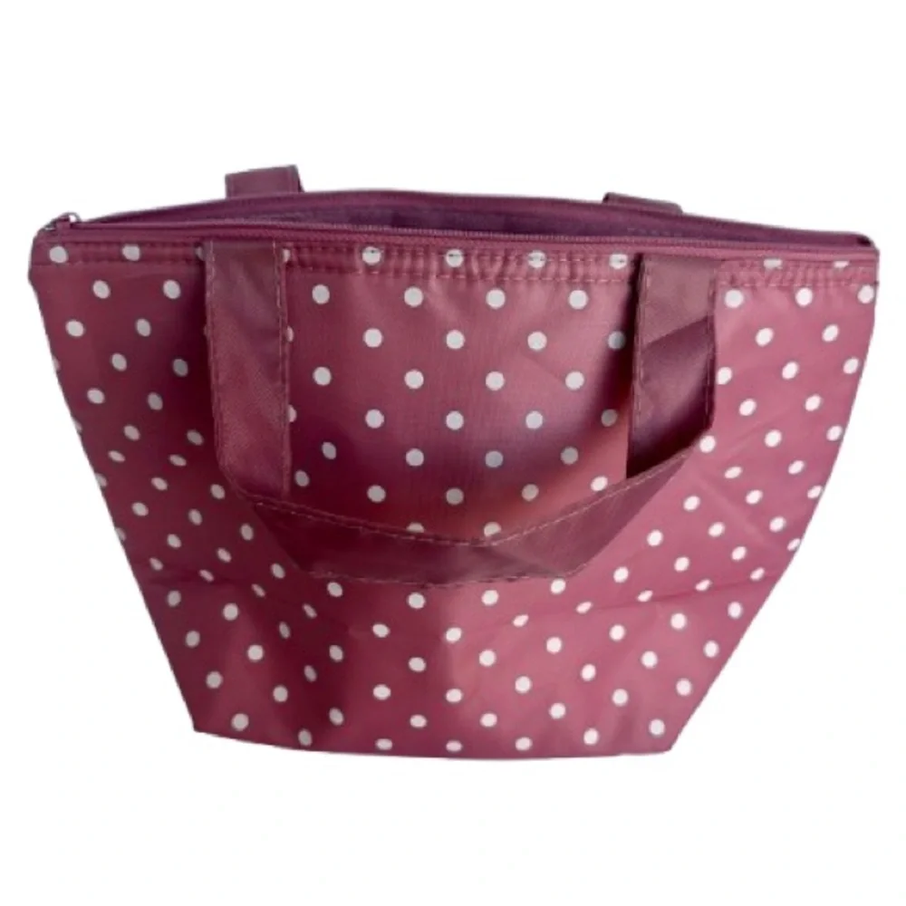 Daiso Jual Insulated Lunch Cooler Warmer Storage Tote Bag Polka Dots Pink White
